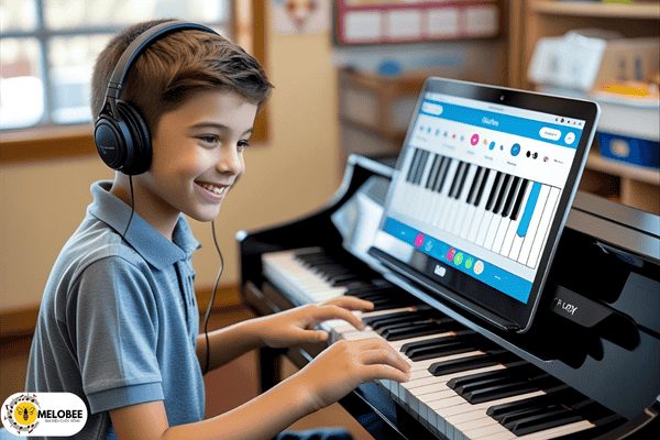 Các loại đàn piano điện tốt nhất cho bé học nhạc 4 Bé trai học piano điện Yamaha P-45 màu đen trong phòng nhỏ, dùng app Flowkey, đeo tai nghe, tay đặt lên phím đàn