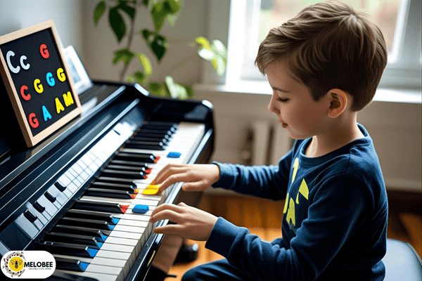 Bé trai 6 tuổi đang học các hợp âm piano cơ bản trên đàn điện tại nhà với phương pháp trực quan bằng màu sắc.