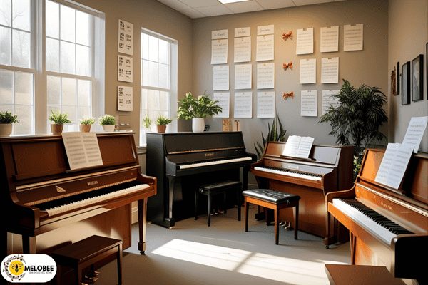 Lớp học piano hiện đại với giáo viên và học sinh nhỏ đang luyện tập