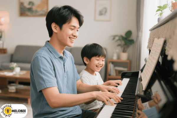 Học Đàn Piano Cơ Bản Tại Nhà: Bí Quyết Và Phương Pháp 3 Người lớn tập chơi đàn piano trong phòng khách