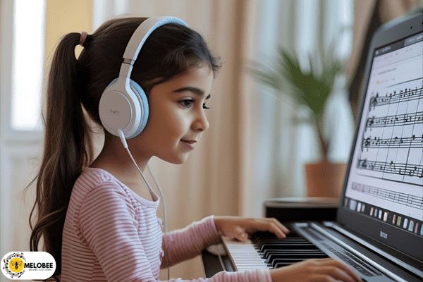 Bé gái học piano online tại nhà qua laptop, đeo tai nghe, nhìn vào màn hình