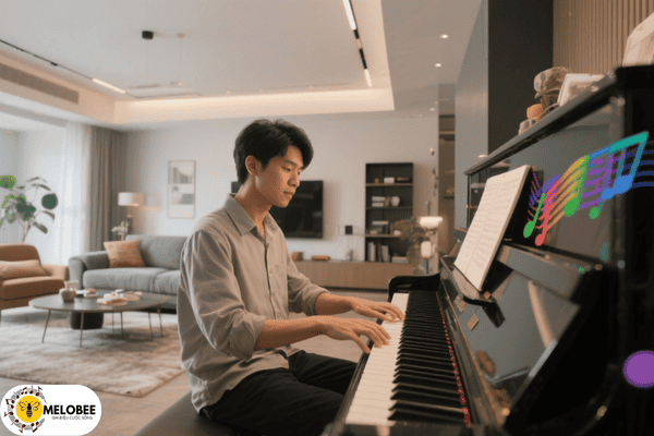 Người chơi piano đa âm sắc trong phòng khách hiện đại